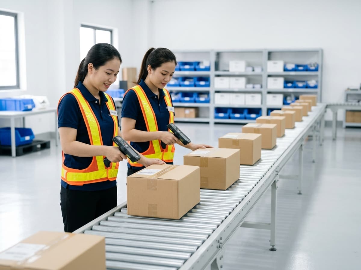 Nhân viên Vy Nguyên quét mã và phân loại bưu kiện trên băng chuyền
